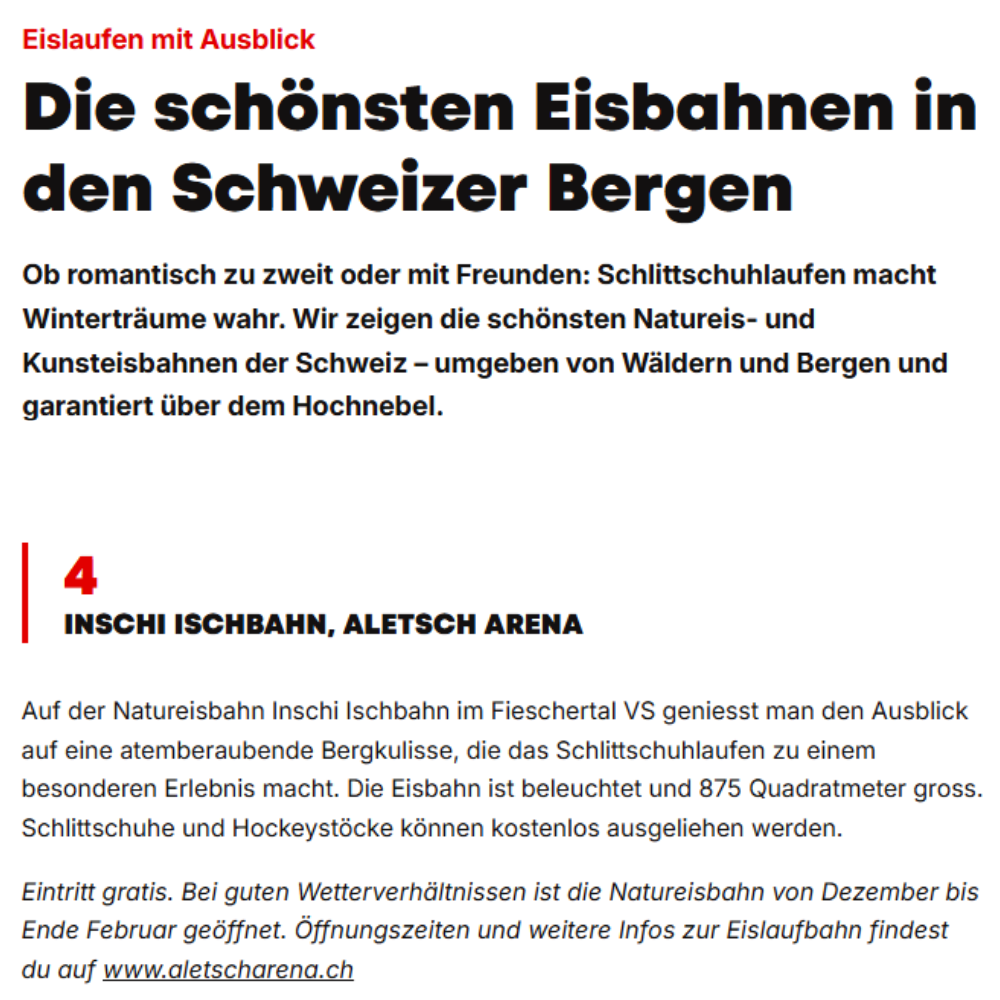 Zeitungsausschnitt mit Bericht über die Inschiischbahn Fieschertal als Teil der schönsten Eisbahnen in den Schweizer Bergen