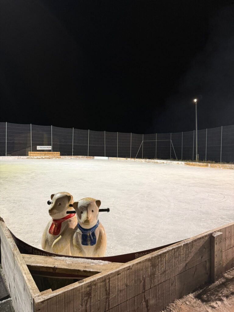 Leere Natureisbahn Inschiischbahn in Fieschertal bei Nacht, im Vordergrund zwei Eisbären-Figuren an der Bande