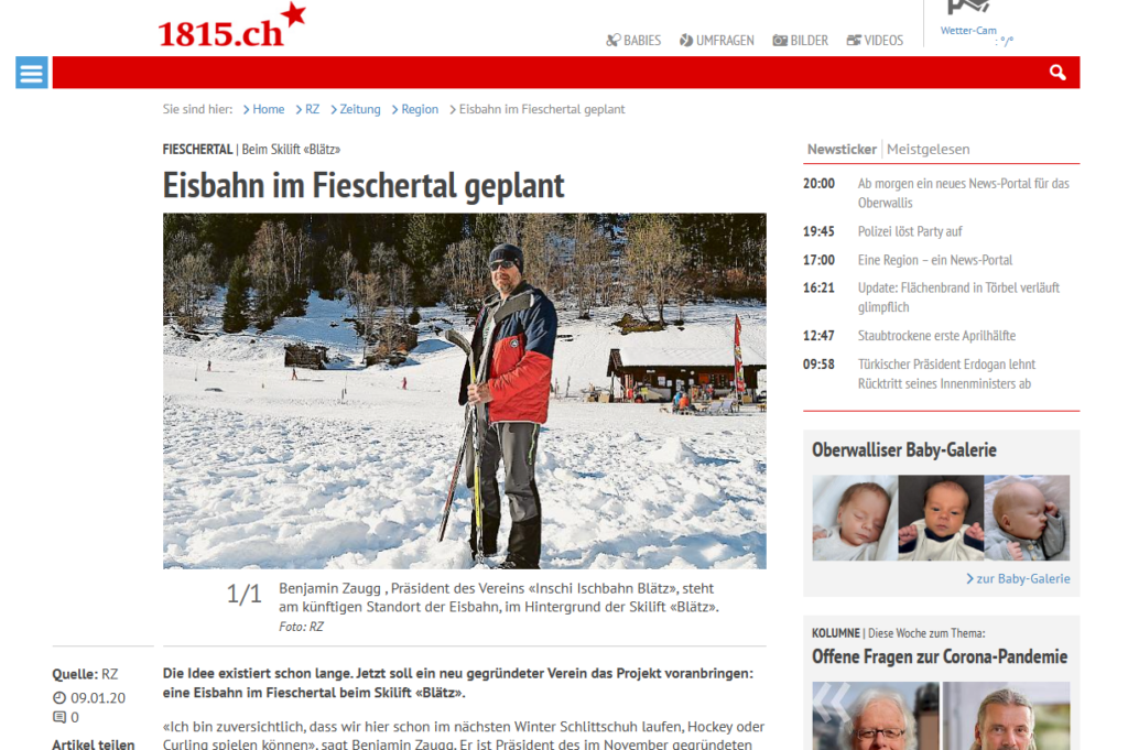 Früher Medienbericht von der Zeitung 1815.ch zur Entstehung der Eisbahn im Fieschertal