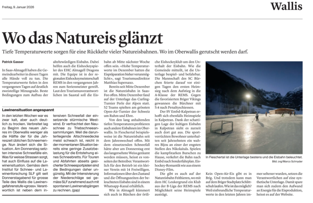 Medienbericht über Natureisbahnen im Oberwallis, darunter die Natureisbahn Inschiischbahn Fieschertal